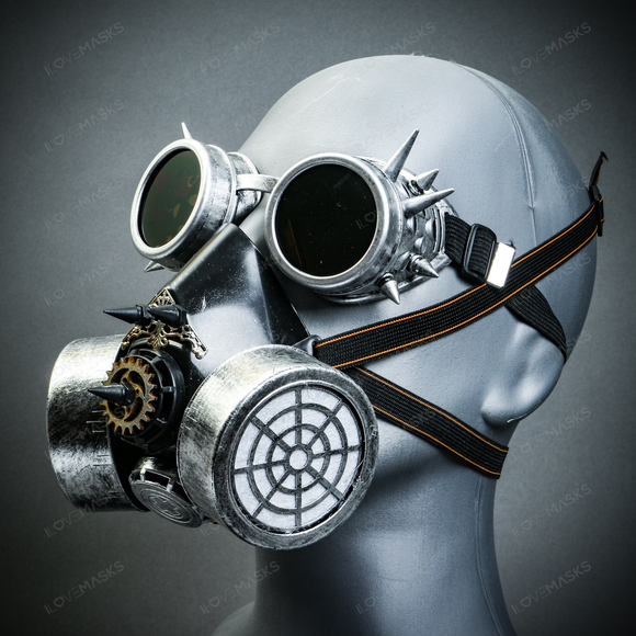 Silver Steampunk Spike Goggle w/ Party Spike Gas Mask Halloween Party Costume - Picture 2 of 8